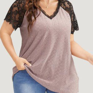 Plain Lace Raglan Sleeve Broderie Anglaise Scalloped Trim T-Shirt